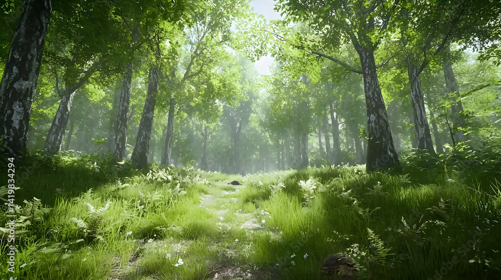 Obraz premium Lush Green Forest Path In Sunlight