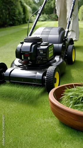 Lawn mowing process in a well-kept garden showing freshly cut grass collected in a wooden bowl during the afternoon
