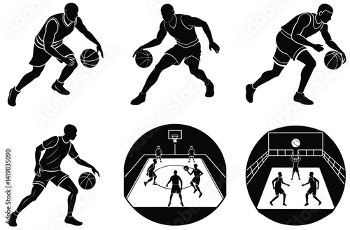 Sport vector illustration set shows silhouettes of football and basketball players in action during a game