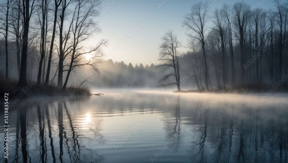 Calm Lake Reflection With Morning Mist and Trees on Shore Calm Lake Reflection With Morning Mist and Trees on Shore