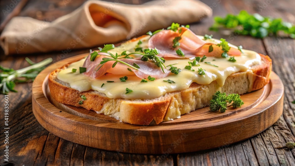 Toasted bread slice topped with rich melted cheese and savory ham, served on a rustic wooden plate, garnished with fresh herbs and a side of creamy sauce, ham, crispy croque monsieur Toasted bread slice topped with rich melted cheese and savory ham, served on a rustic wooden plate, garnished with fresh herbs and a side of creamy sauce, ham, crispy croque monsieur