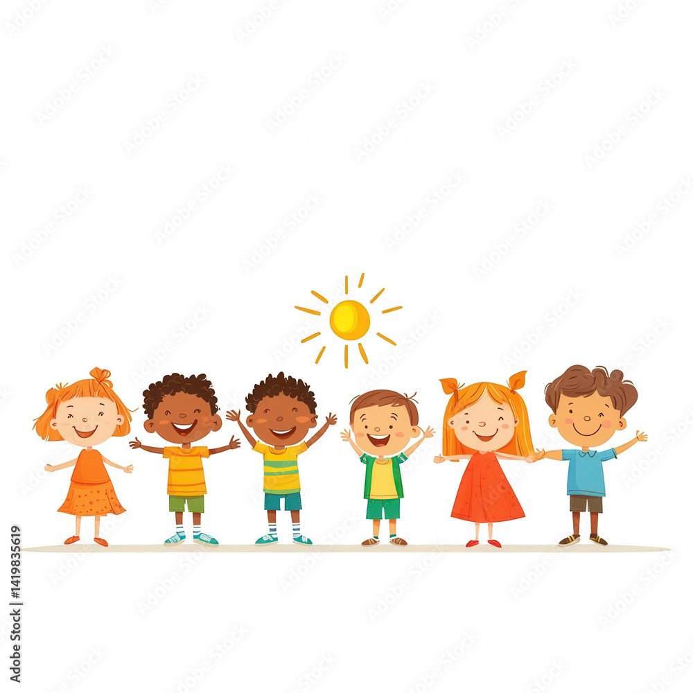 A group of happy children of diverse backgrounds standing together while smiling under a bright sun. They celebrate friendship and joy in a colorful, cheerful illustration. A group of happy children of diverse backgrounds standing together while smiling under a bright sun. They celebrate friendship and joy in a colorful, cheerful illustration.