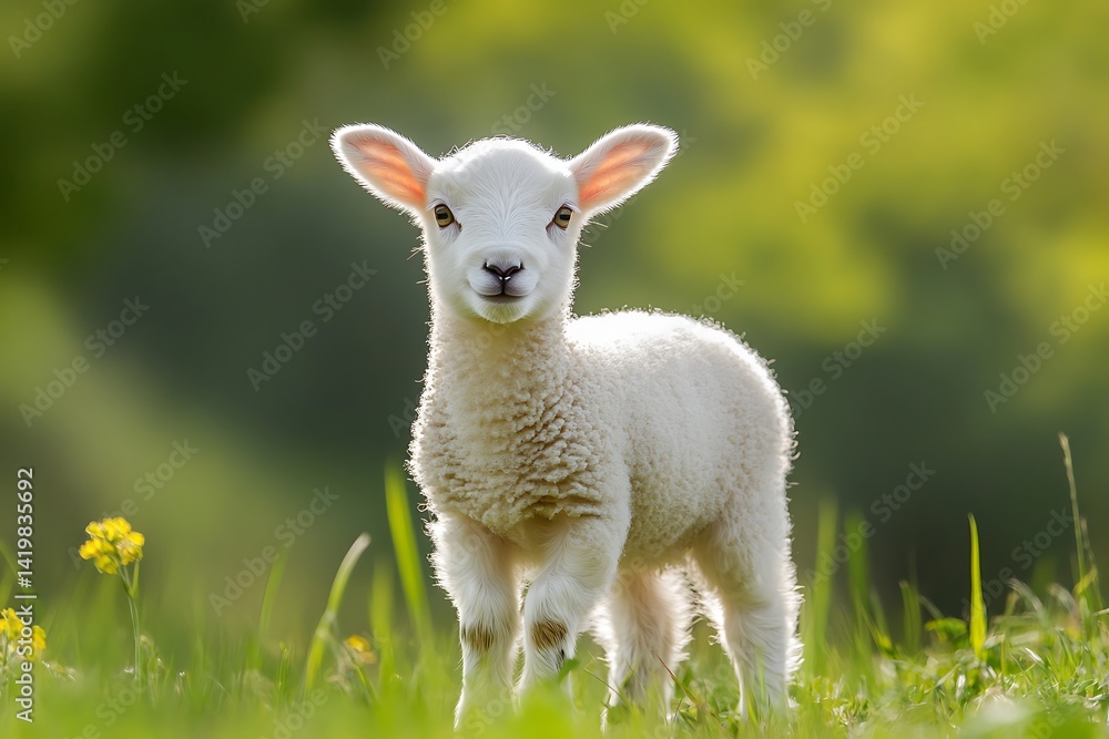 Young Lamb Standing In Lush Green Field Under Sunlight With Soft Focus Background Young Lamb Standing In Lush Green Field Under Sunlight With Soft Focus Background