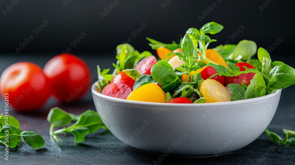 Fresh Pesticide-free Salad Bowl with Colorful Tomatoes and Greens on a Dark Background Fresh Pesticide-free Salad Bowl with Colorful Tomatoes and Greens on a Dark Background
