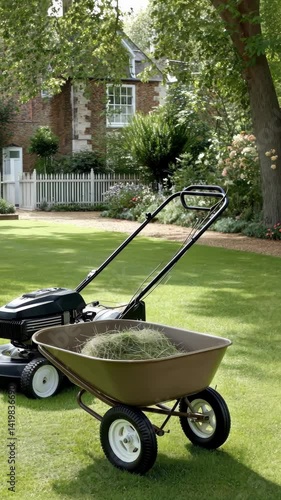 On a sunny afternoon, enjoy lawn care in a picturesque backyard, complete with mowing and the collection of freshly cut grass