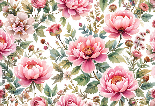 A floral wallpaper pattern in watercolor with transparent background