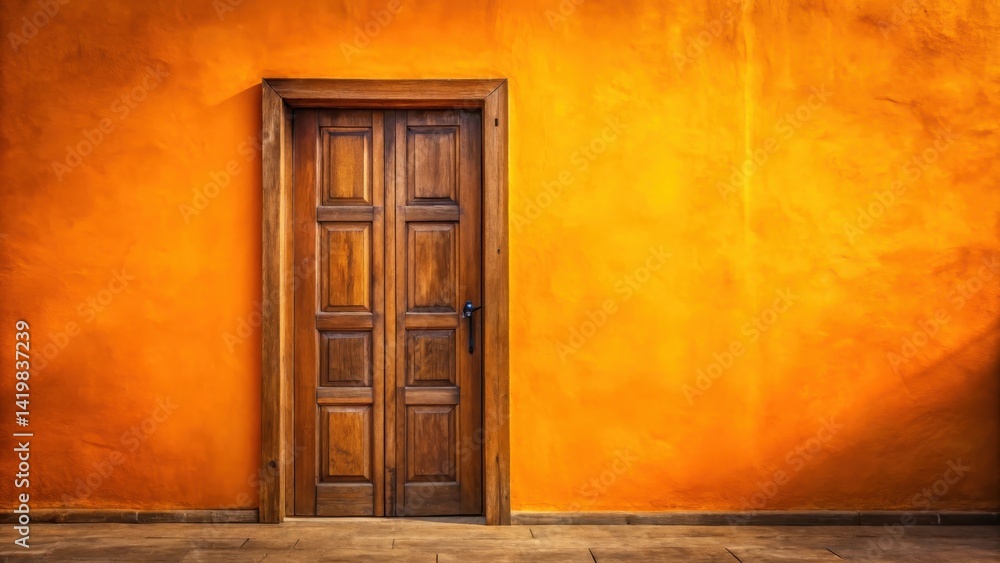 Wooden door with warm orange wall background, soft natural light filtering through the doorway, wooden door slightly ajar with a hint of interior space, traditional style, rustic decor Wooden door with warm orange wall background, soft natural light filtering through the doorway, wooden door slightly ajar with a hint of interior space, traditional style, rustic decor