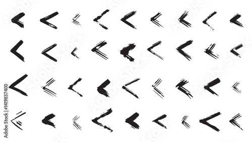 Abstract black arrows logo symbol icon, greater and less sign isolated on white background, set of hand drawing black math symbol, black grunge ink drawn greater sign