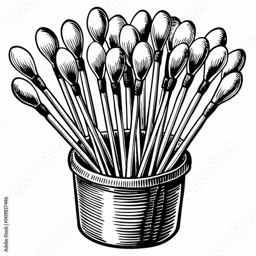 Vintage Hand Drawn Cotton Swabs in Cup Illustration