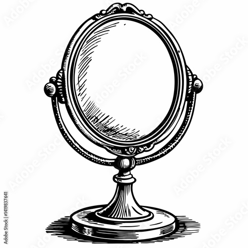 Vintage Hand Drawn Vanity Mirror Illustration in Black and White