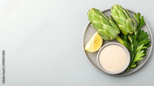 Wallpaper Mural Plate of Grilled Artichokes with Fresh Parsley Lemon Wedge and Sauce on Light Background Torontodigital.ca