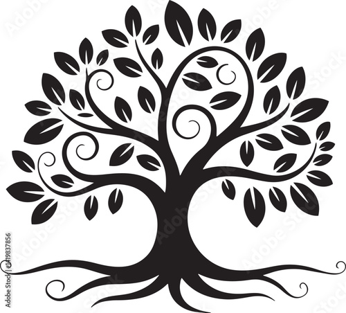 Clean silhouette illustration with various black and white trees in different shapes including pine and deciduous perfect for minimalist botanical vector designs
