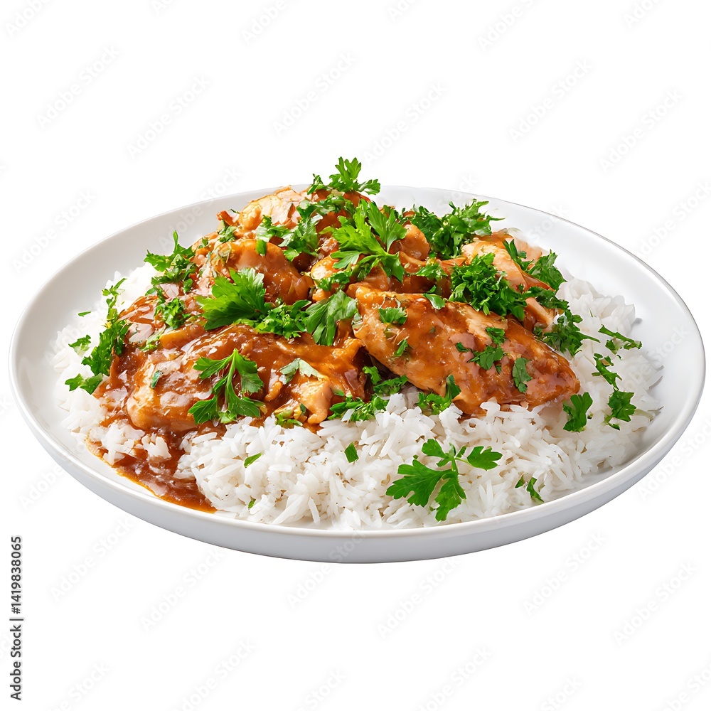 Delicious chicken with rice and parsley served on plate isolated on white background Delicious chicken with rice and parsley served on plate isolated on white background