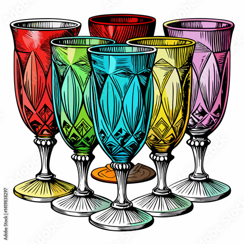 Colorful Vintage Crystal Glasses in Intricate Design