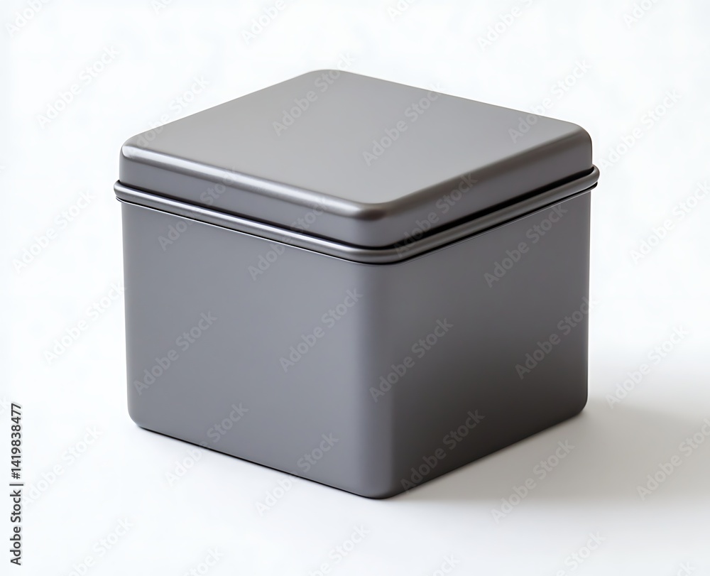 A small, square, gray metal tea tin with a lid, set against a white background A small, square, gray metal tea tin with a lid, set against a white background