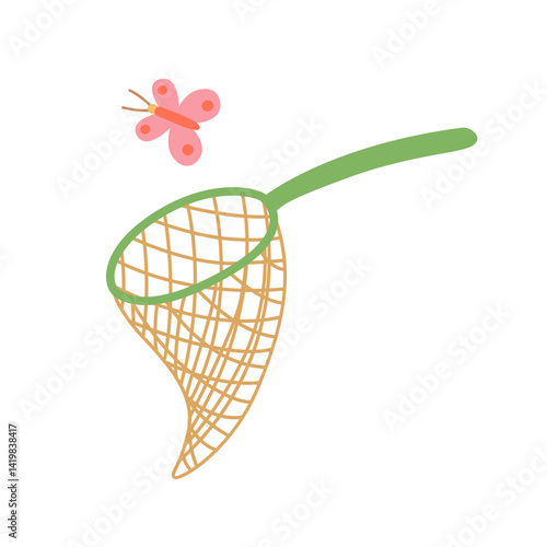Butterfly net vector illustration. Landing net for catching butterflies. Flat butterfly net trap for card, book illustration, summer hobby, leisure concept.