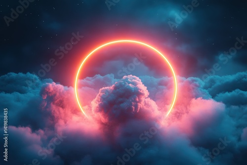 Abstract neon circle glowing in the sky surrounded by clouds, with ample space for text and dreamy atmosphere in cinematic style