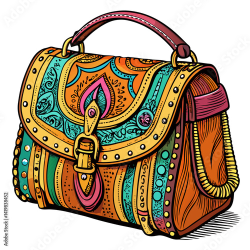 Colorful Vintage Boho Handbag with Floral Patterns  Illustration