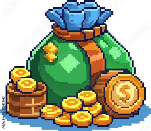 Pixel Art Money Bag and Coins Retro Video Game Style  Illustration