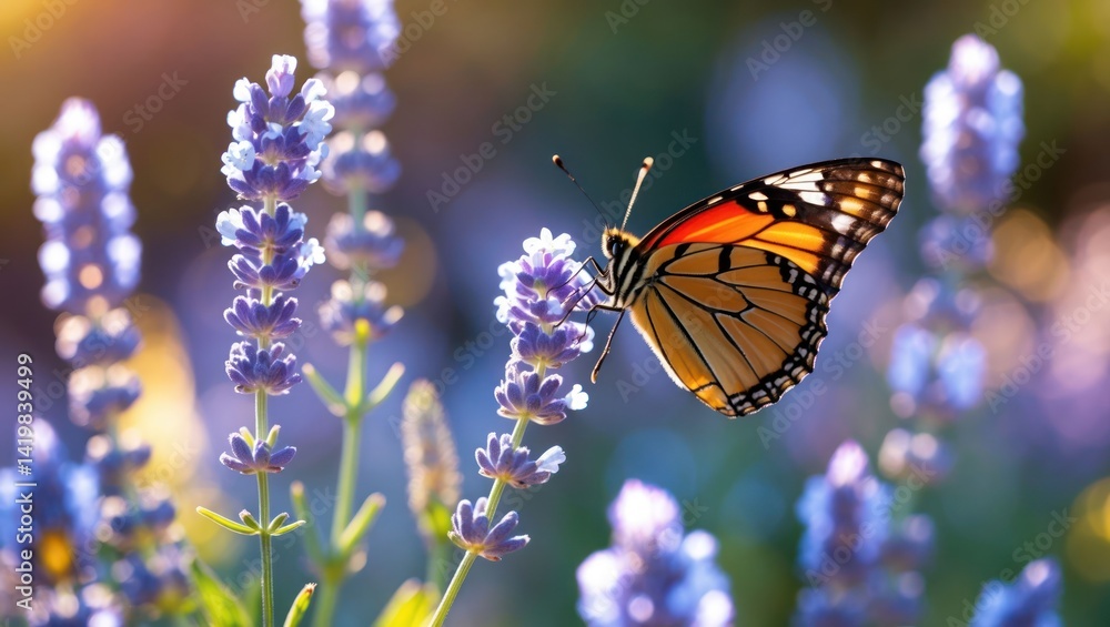 Obraz premium Butterfly Gathering Nectar from Lavender Flowers in Sunlight on a Summer Day