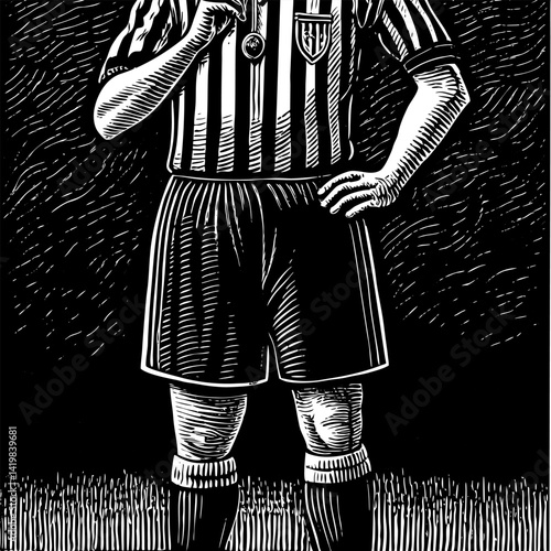 Vintage Soccer Referee with Medal and Striped Uniform in Woodcut Style