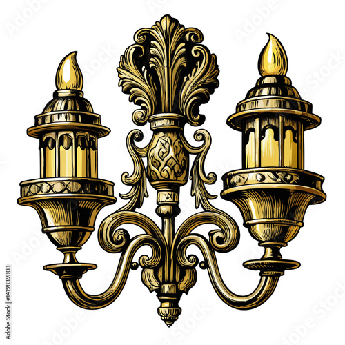 Vintage Ornate Wall Sconce with Dual Lanterns in Antique Gold  Art