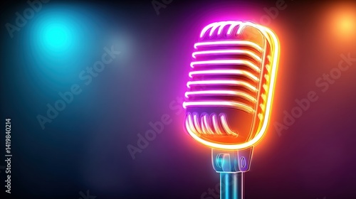 A glowing retro microphone emits vibrant colors against a dark background, creating a dynamic and artistic atmosphere perfect for music and performance.