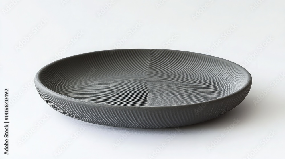 A round decorative plate in matte grey ceramic with minimal geometric carvings A round decorative plate in matte grey ceramic with minimal geometric carvings