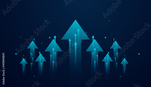 Multiple glowing arrows ascend against a dark blue background, symbolizing progress, growth, and rising momentum. vector illustration