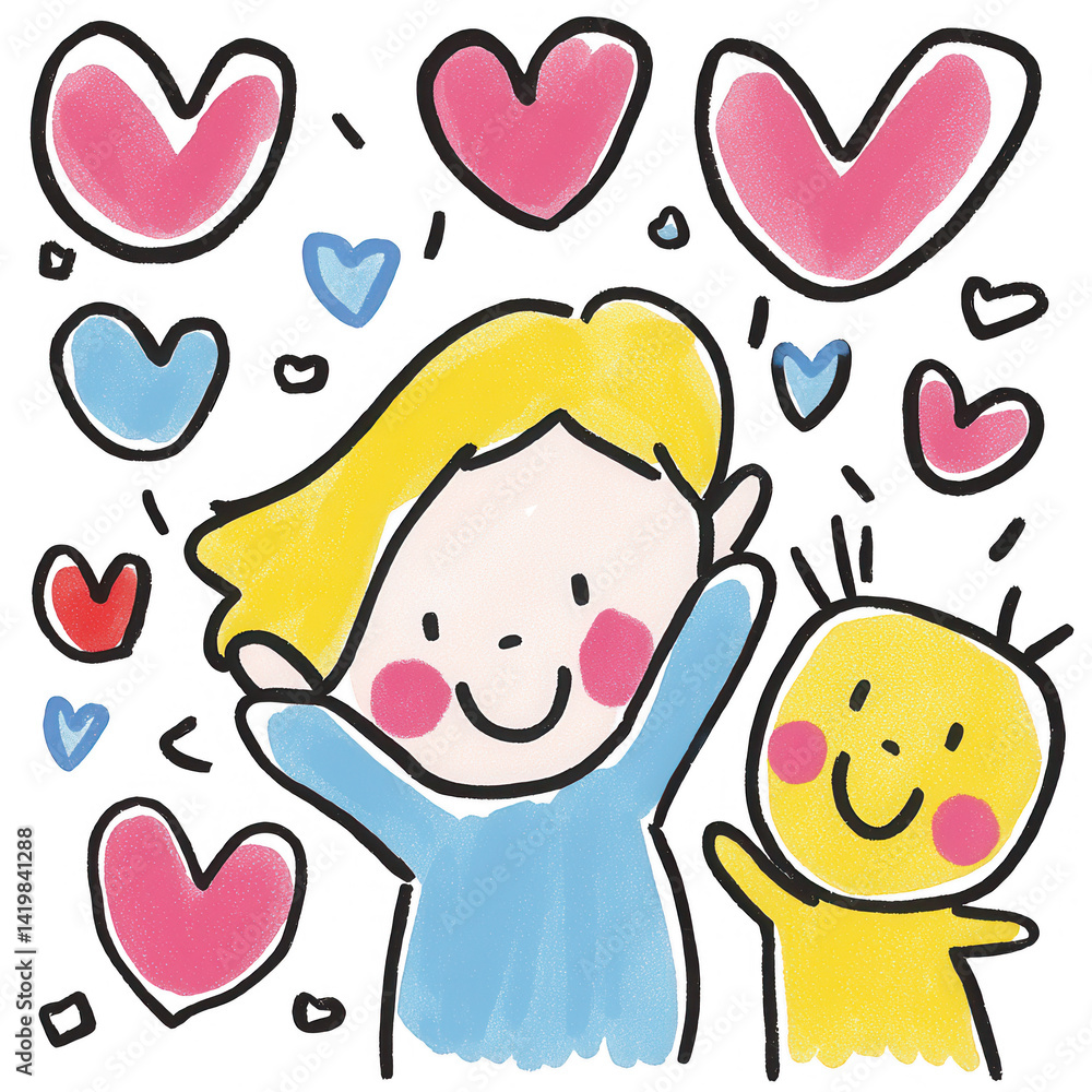 A joyful illustration of a child and a happy character surrounded by colorful hearts, depicting friendship and happiness on a white isolated background.