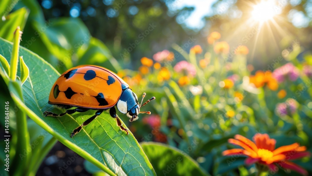 Fototapeta premium Ladybug Resting on Green Leaf in a Sunny Flower Garden