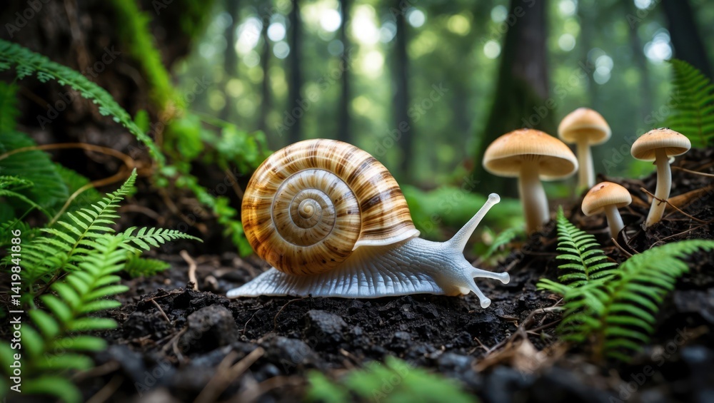 Snail Crawling Through Forest Floor with Ferns and Mushrooms Snail Crawling Through Forest Floor with Ferns and Mushrooms