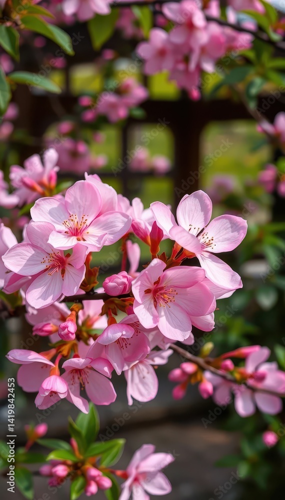 Fototapeta premium Delicate pink blossom unfolds in peaceful garden nook , bloom, botany