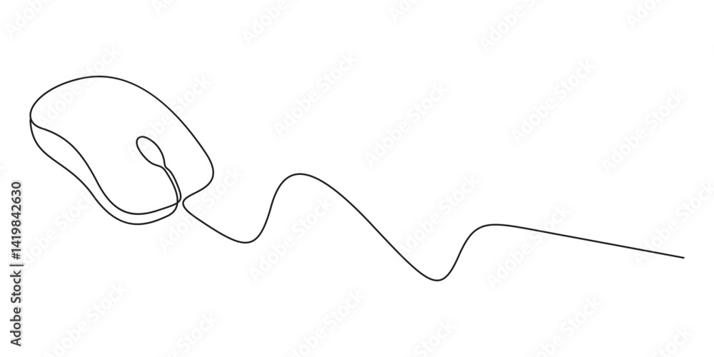Obraz premium Drawn continuous one line computer mouse logo. Single line art laptop mouse icon. Vector illustration