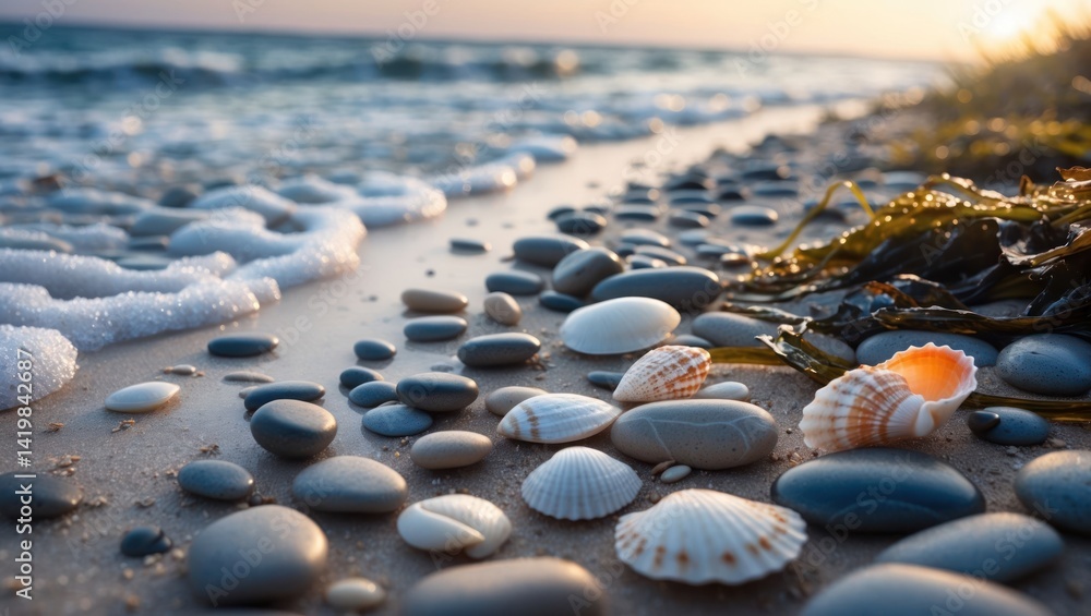 Obraz premium Seashells and Pebbles on Sandy Beach with Gentle Waves at Sunset