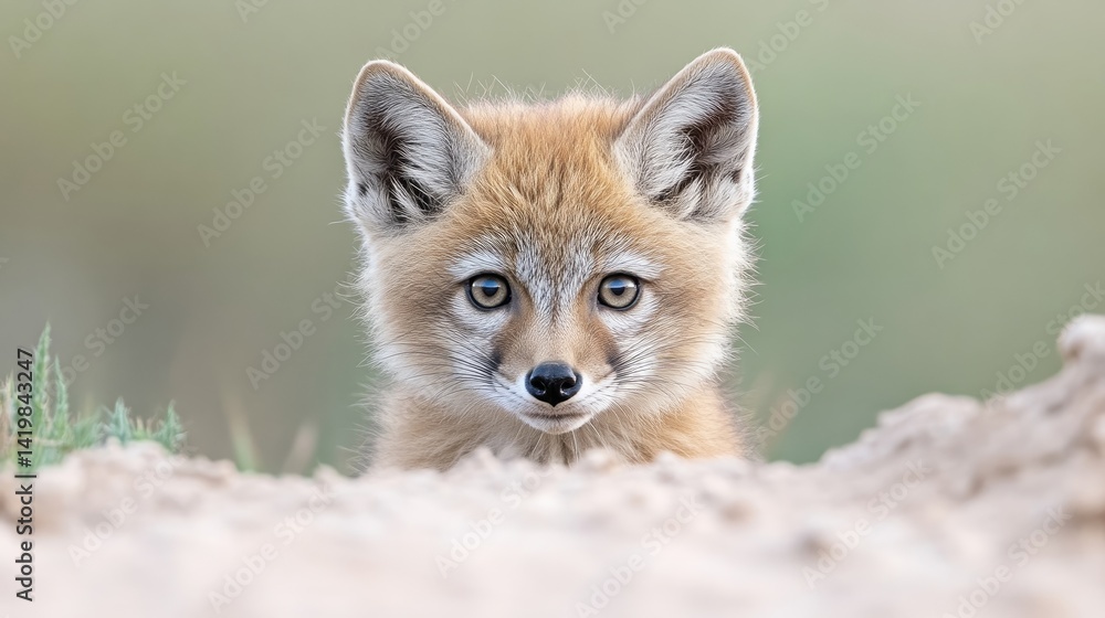 Obraz premium Adorable young fox peering from burrow
