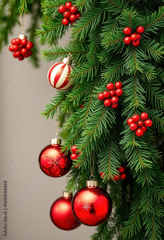 Lush green garland entwines an evergreen branch, adorned with festive ornaments, holiday, tree, winter Lush green garland entwines an evergreen branch, adorned with festive ornaments, holiday, tree, winter