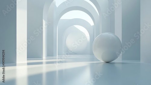 Minimalist 3D render of white architectural arches and a single spherical ball on the floor, soft lighting enhances the clean design with a wide-angle perspective in a serene abstract background.