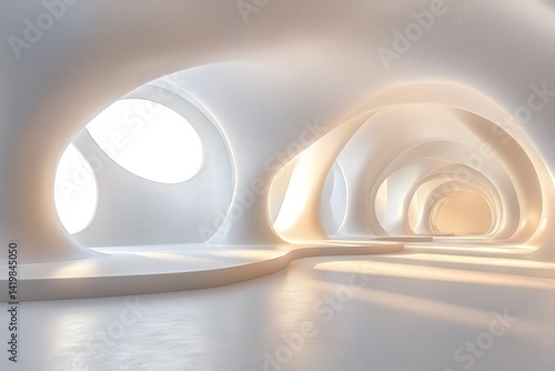 Futuristic abstract white interior with curved walls and glowing lights, symmetrical minimalist design, soft cinematic lighting in high-resolution architectural rendering.