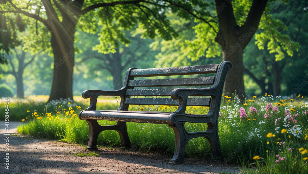 Serene Park Bench Surrounded By Flowers In A Peaceful Green Landscape Serene Park Bench Surrounded By Flowers In A Peaceful Green Landscape