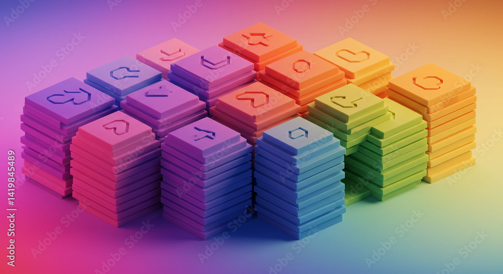 A group of colorful stacked square blocks with different symbols on top in a gradient background A group of colorful stacked square blocks with different symbols on top in a gradient background