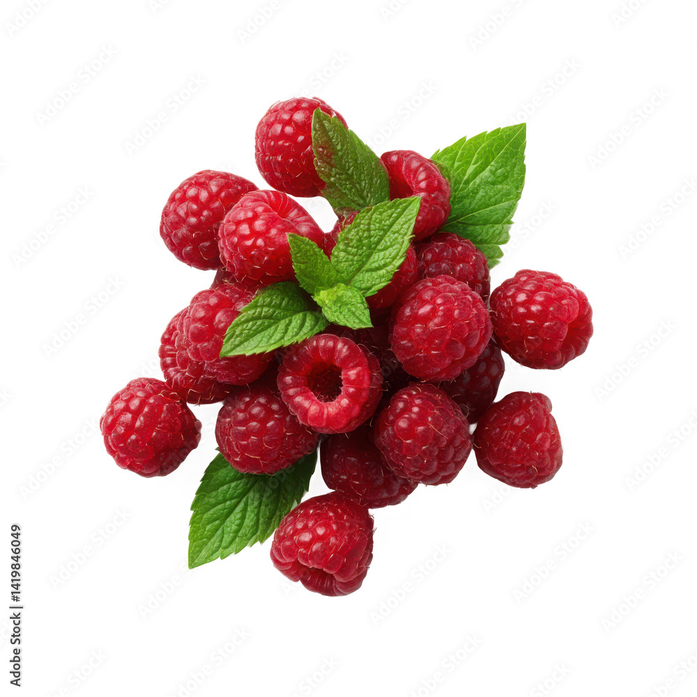 Close up shot of a pile of fresh raspberries with green mint leaves on top Close up shot of a pile of fresh raspberries with green mint leaves on top