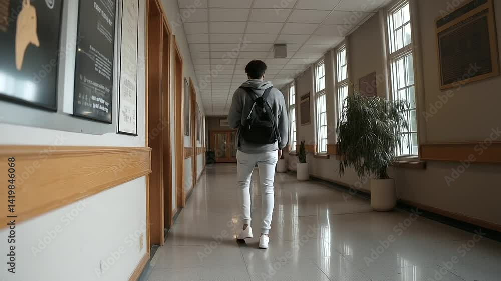 Student navigating a quiet hallway avoiding propaganda poster Student navigating a quiet hallway avoiding propaganda poster