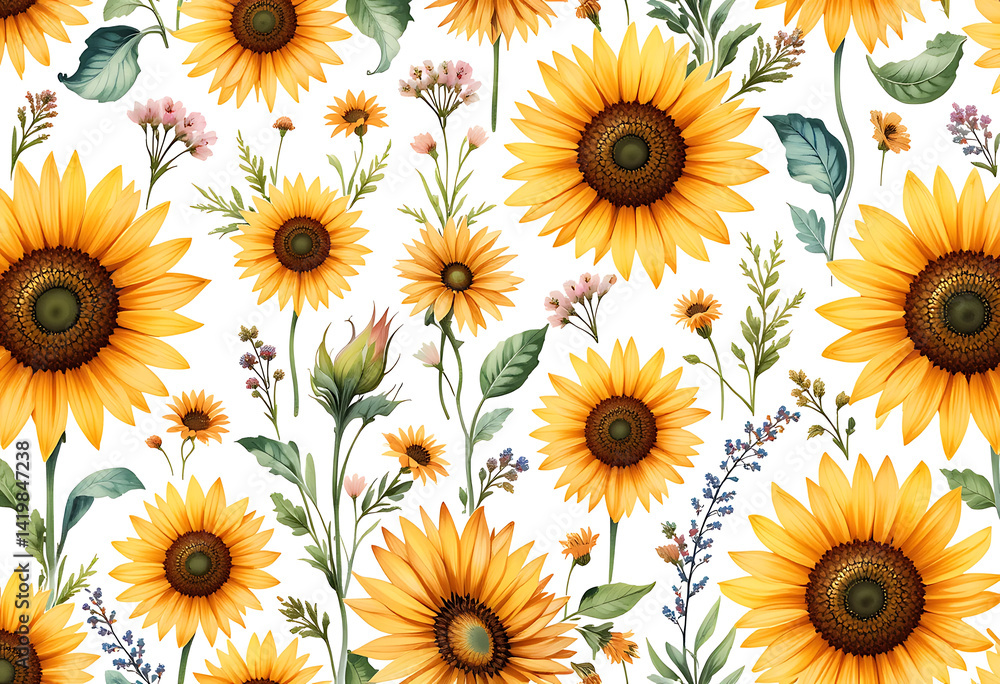 Obraz premium sunflowers and wildflowers painted in watercolor on white background