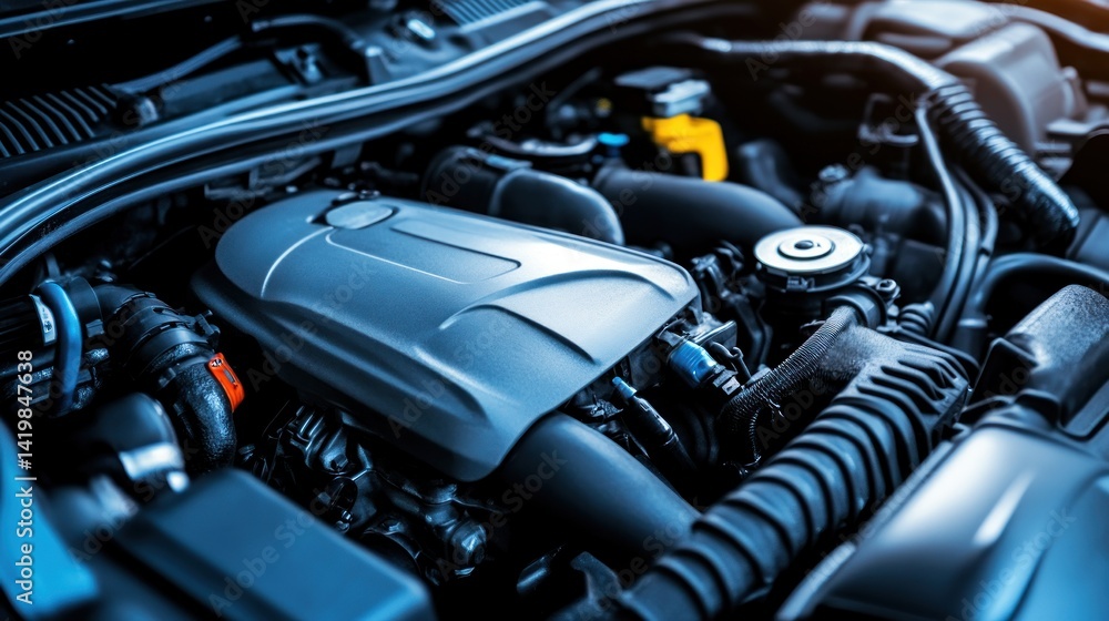 Close-up view of a modern car engine, showcasing its intricate details and components. The image highlights the power and technology that goes into automobile manufacturing. Close-up view of a modern car engine, showcasing its intricate details and components. The image highlights the power and technology that goes into automobile manufacturing.