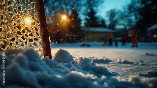 Frozen hockey net at dusk, bathed in the glow of streetlights.