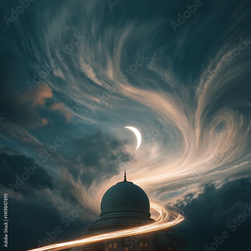 Crescent glow in evening sky with sacred dome