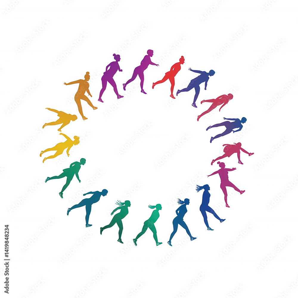 Colorful silhouettes of people in a circular motion, representing unity and diversity, with vibrant shades flowing from yellow to red against a white isolated background. Colorful silhouettes of people in a circular motion, representing unity and diversity, with vibrant shades flowing from yellow to red against a white isolated background.