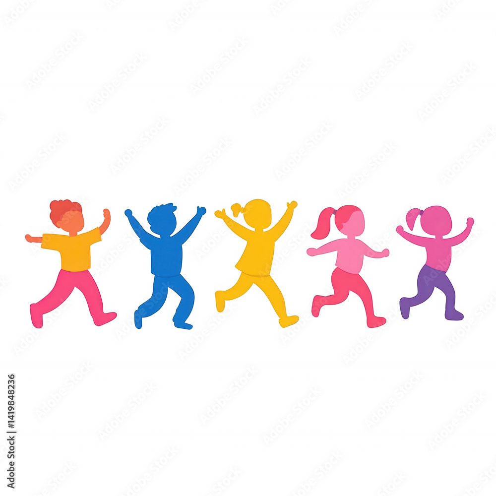 Fototapeta premium Colorful silhouettes of children joyfully running and playing together, capturing the essence of childhood joy and freedom against a white isolated background.
