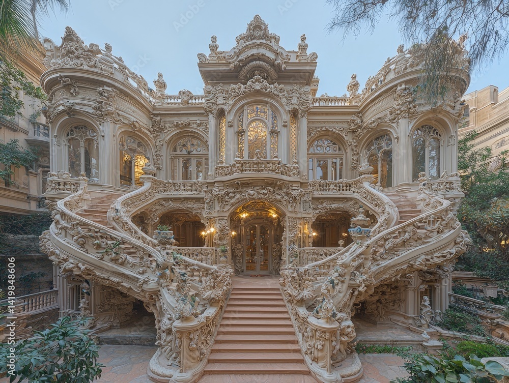 Obraz premium Ornate building with elaborate carvings and a grand staircase exterior architecture.